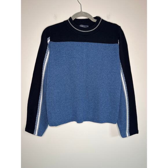 1980s JJ Browne Dusty Blue Navy Checker Striped Boxy Acrylic Mock Neck Sweater M - Picture 1 of 6